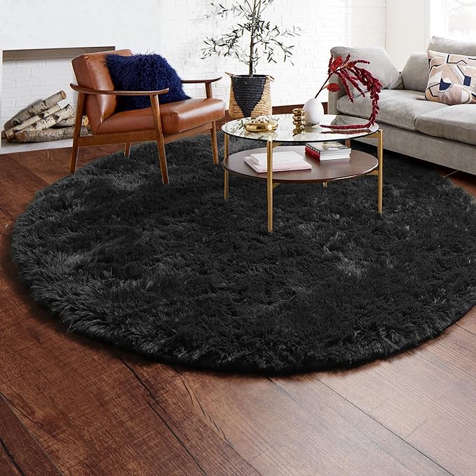 ONASAR Black Round Area Rug 4ft, Soft Bedroom Circle Rugs Floor Mats for Kids Girls Boys Teen Room, Fluffy Plush Shaggy Carpet for Baby Nursery Living Room Playroom Dorm Home Decor