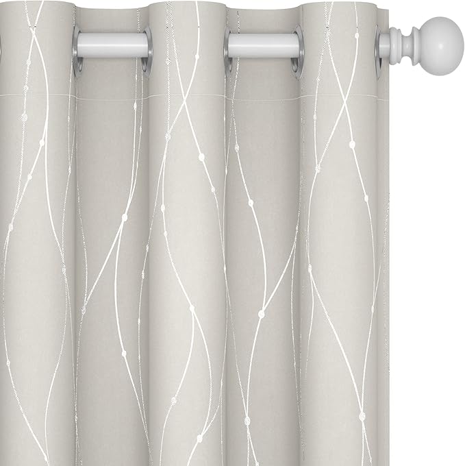 Deconovo Room Darkening Curtains Beige, Short Kitchen Curtain, Thermal Insulated Noise Reducing Drapes, Silver Wave Dots Print, 42 x 45 Inch Long, Machine Washable Window Panels for Bedroom, Set of 2