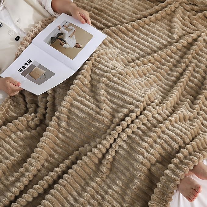 Tan Fleece Throw Blanket 60”×80” for Couch Sofa Bed,Super Soft Cozy Plush Microfiber Flannel Blanket with Stripes Design Lightweight for Adults,Woman,Girls