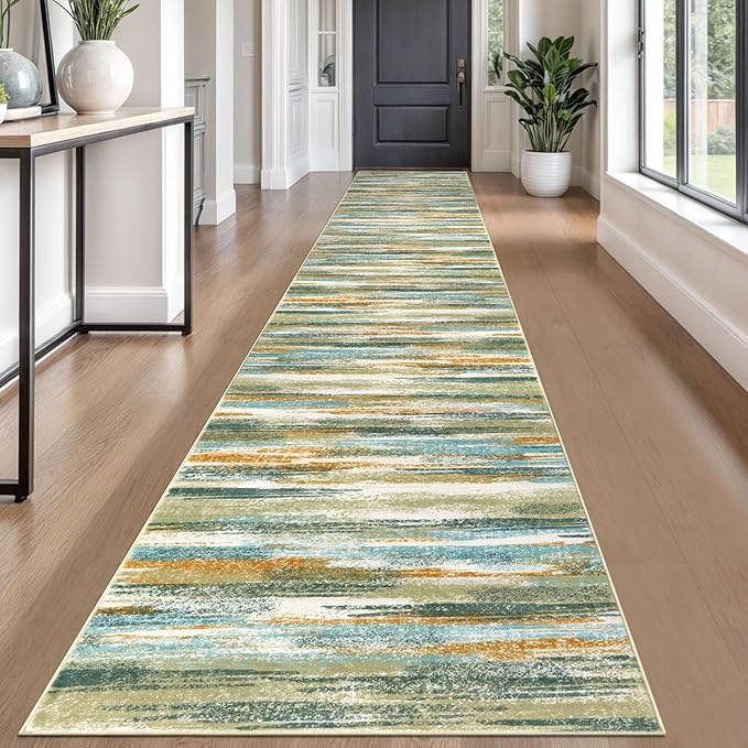 Lansny Modern Abstract Runner Rug 2.6x18, Green Mustard Multi Washable Long Kitchen Runner Non-Slip Soft Hallway Rug Runner Thin Print Faux Wool Carpet for Entryway Bedroom Laundry Room Indoor