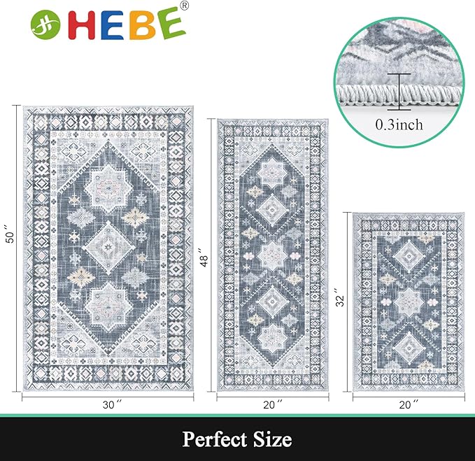 HEBE Boho Kitchen Rug Sets 3 Piece with Runner Non Slip Kitchen Rugs and Mats Washable Kitchen Mats for Floor Thick Kitchen Floor Mat Carpet Runner Rugs for Hallway Laundry Holiday Decor