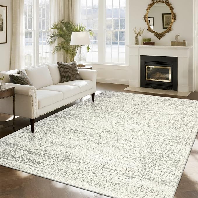 Washable Rugs 8x10 Area Rugs for Living Room,Bedroom,Dining Room- Large Ultra Soft Faux Wool Retro Carpets,Non Slip&Non-Shedding Low Pile Vintage Print Rug for Home Office Decor-Beige