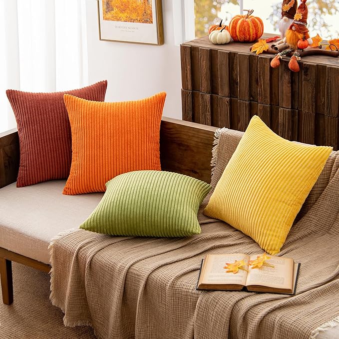 MIULEE Decorative Throw Pillow Covers 18x18 Inch Set of 4, Vibrant Cushion Covers Vintage Retro Home Fall Decor Mix and Match Color Clash Design for Sofa Couch Bed Living Room Yellow Orange Rust