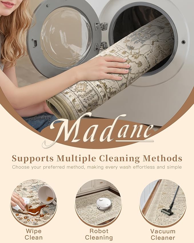 Madane Hallway Runner Rug 2'6''x14', Non Slip Vintage Runners for Hallways Washable Kitchen Rugs Soft Low Pile 2.5x14 ft Rug Runner for Laundry Room, Entryway and Bedroom, Beige/Blue
