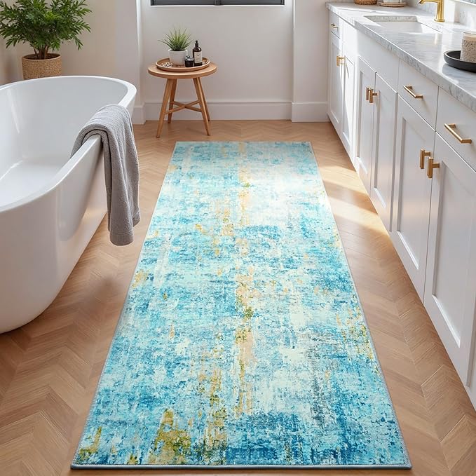 2x6 Teal Blue Rug Runners for Hallways Kitchen Runner Rug Non Slip Washable Long Runner Rugs with Rubber Backing Soft Abstract Carpet Runner for Bedroom, Kitchen, Bathroom, Entryway