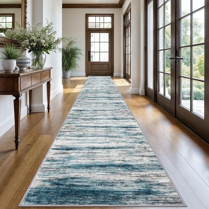 KOZYFLY Modern Abstract Hallway Runner Rug, 2.6x20 Washable Rug Runner Non-Slip Soft Striped Stair Runner Rugs, Print Blue Carpet Runner for Kitchen Entryway Bathroom Laundry Room Foyer