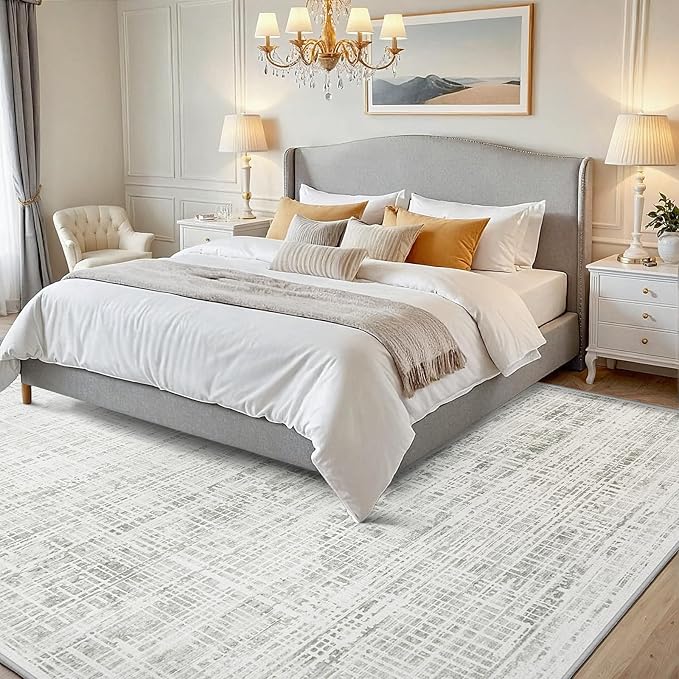 5x8 Area Rugs Washable Rug: Anti-Skid Abstract Modern Living Room Rug Soft Thin Carpets Indoor Floor Non-Shedding Carpet for Bedroom Dining Farmhouse Nursery Home Office (White Gray, 5'x8')