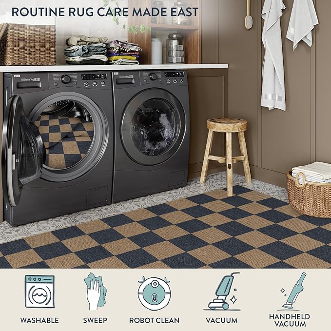 Lahome Colette Checkered Easy Jute Living Room Rugs, 5x7 Dining Room Office Rug Farmhouse Outdoor Patio Carpet, Checkerboard Washable Non Slip Indoor Outdoor Blue Carpet for Backyard Entry Deck