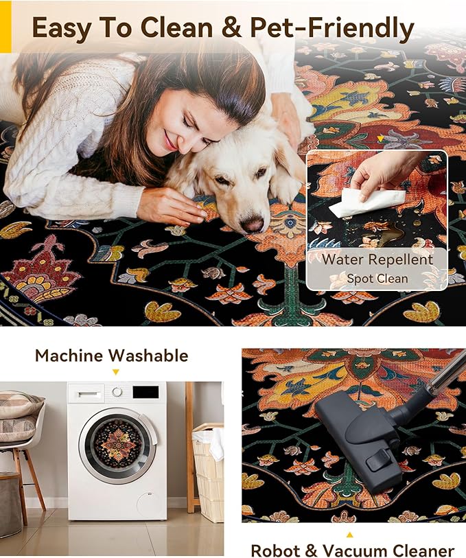 Area Rugs 4ft Washable Non-Slip, Floral Vintage Distress Print Pattern Medallion Carpet for Living Room Bedroom Dining Room, Black Colorful Floral Dark Tan