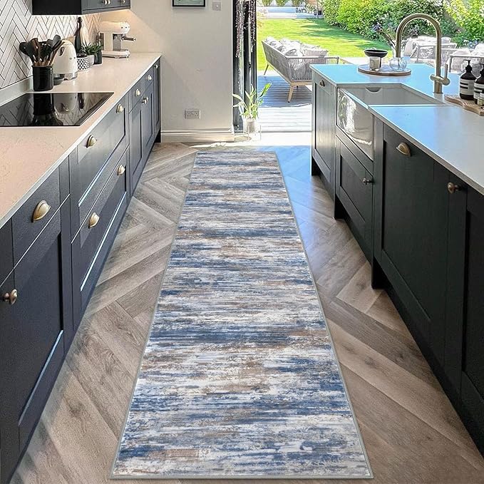 KOZYFLY Modern Abstract Hallway Runner, 2x10 Washable Rug Runner Non-Slip Soft Striped Kitchen Runner Rug, Blue Rust Print Carpet for Entryway Bathroom Laundry Room Foyer