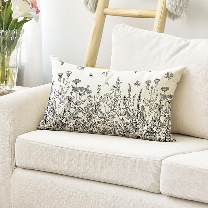 AVOIN colorlife Wildflowers Spring Antique Herbs Throw Pillow Cover, 12 x 20 Inch Flower Cushion Case Decoration for Sofa Couch