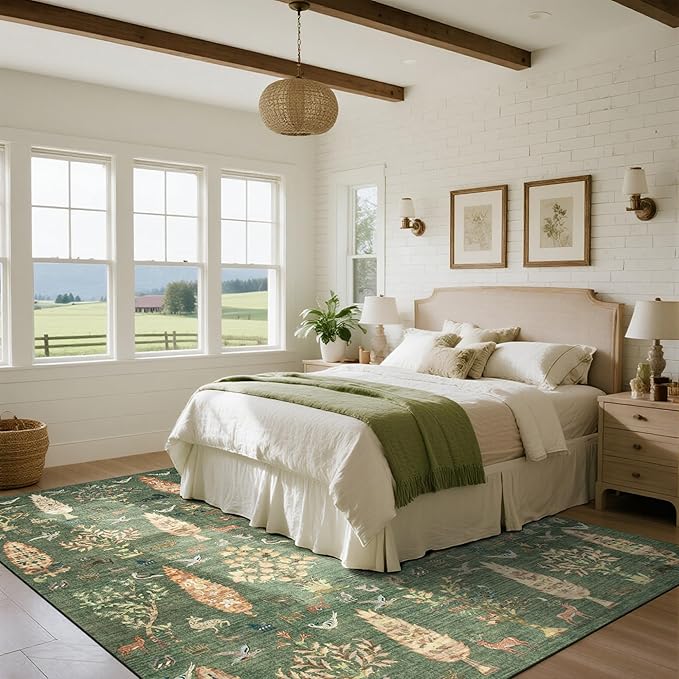 Washable Rugs 8x10 Area Rugs for Living Room,Bedroom,Dining Room- Large Ultra Soft Faux Wool Retro Carpet,Non Slip&Non-Shedding Low Pile Vintage Print Rug for Home Office Dorm-Grass Green