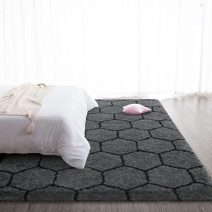 TWINNIS Super Soft Shaggy Rugs Fluffy Carpets, 5x8 Feet, Indoor Modern Plush Area Rugs for Living Room Bedroom Kids Room Nursery Home Decor, Upgrade Anti-Skid Rectangular Fuzzy Rug, Dark Gray
