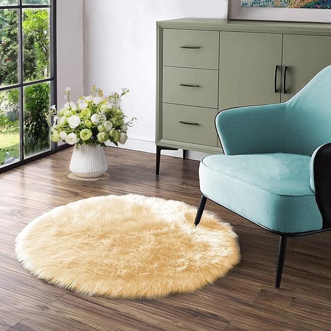 Latepis Yellow Rug for Bedroom Circle Faux Sheepskin Fur Round Rugs 5ft Furry Fluffy Rug for Bedroom Bedside Cute Home Decor