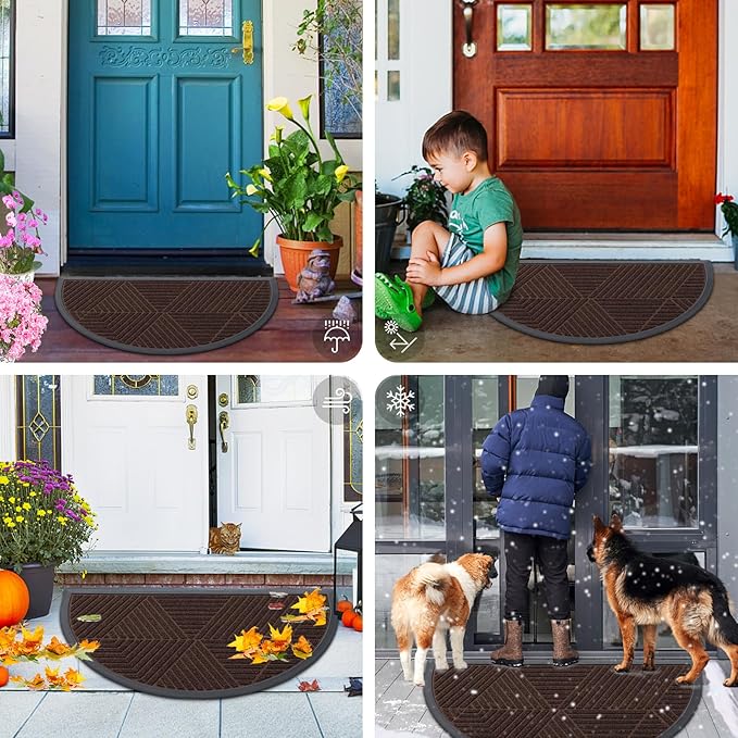 Smiry Half Circle Front Door Mat Outside Entrance, Heavy Duty Sturdy Natural Rubber Doormat, Trap Dirt and Moisture, Low Profile Mats for Indoor Outdoor Entry, Irregular Triangle (35x23, Dark Brown)