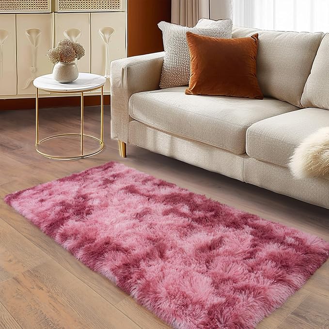 Soft Runner Rugs for Bedroom Hallways, 2x4 Tie-Dyed Blush Pink Fluffy Shag Throw Area Rug Non Slip for Bedside Dorm, Long Shaggy Furry Carpet for Nursery Living Room
