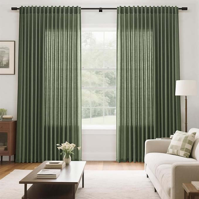 Olive Green Large Window Curtains Light Filtering Semi Sheer Privacy Linen Textured Curtain for Patio Sliding Glass Door Extra Wide Rustic Farmhouse Drapes for Living Room Bedroom Sunroom 100x90 Inch