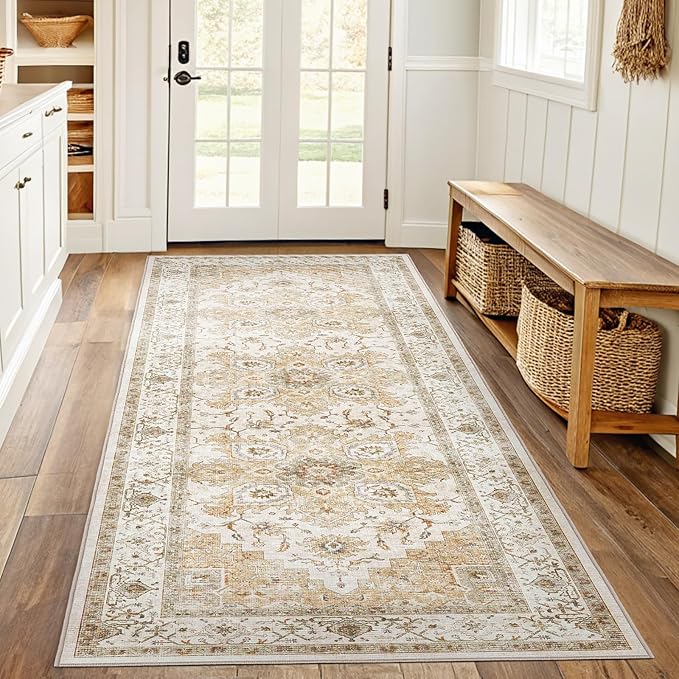 AMADA HOMEFURNISHING 2x6 Washable Runner Rug, Low-Profile Kitchen Rugs with Non-Slip Backing & Durable Edge Binding, Vintage Entryway Runner Rug for Bedroom & Hallway