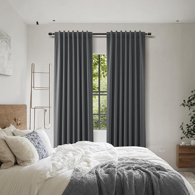 Guken Blazer Grey 100% Blackout Linen Curtains 120 Inch Length 2 Panels Set for Living Room Bedroom Back Tab/Rod Pocket Thermal Insulated Farmhouse Black Out Drapes Room Darkening,52x120