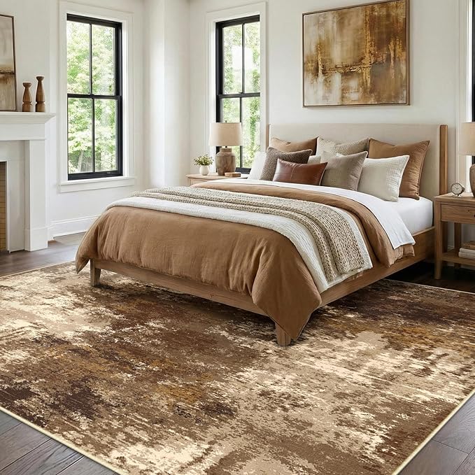 Washable Area Rugs 9'x12' Non-Slip Modern Abstract Soft for Living Room Entryway Bedroom Nursery, Print Pattern, Brown Tan Beige Coffee