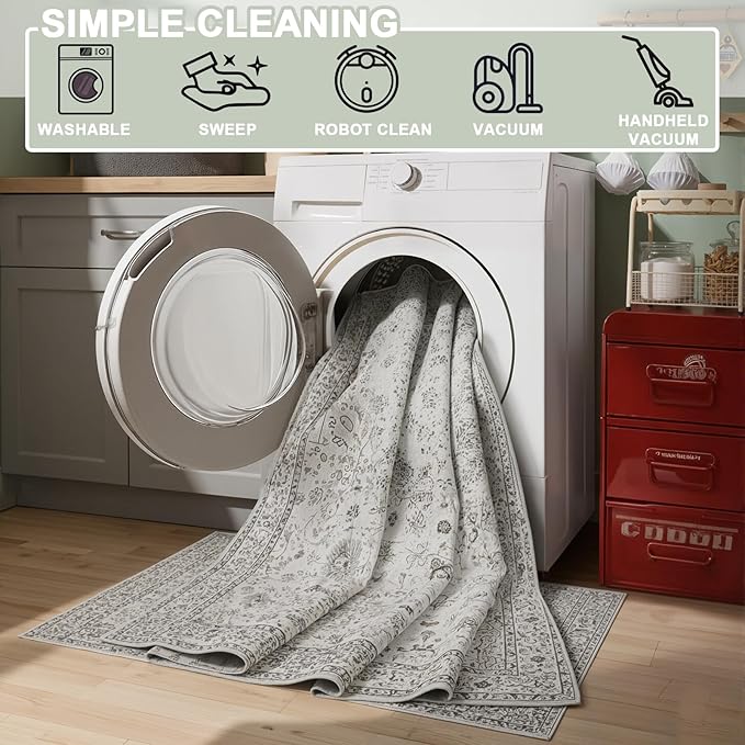 Grey White Area Rugs 9x12 Living Room, Washable Rug Non Slip Floral Low Pile Large Rug for Living Room, Bedroom, Farmhouse, Dining Room, Kids Playroom(9 x 12, Grey White)