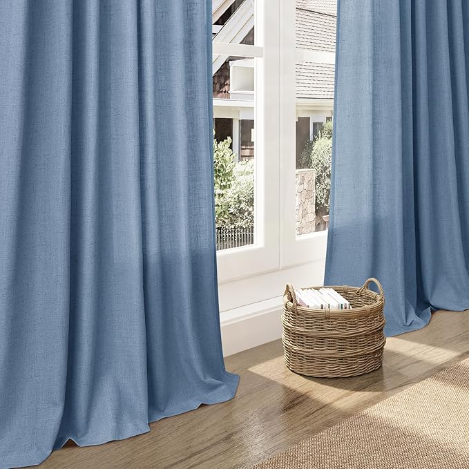 Nanspring Stone Blue Linen Curtains 96 Inches Long for Bedroom Back Tab Modern Simplicity Farmhouse Coastal Decor Light Filtering Curtain for Living Room Dinning Room 52x96 8 FT,2 Panels