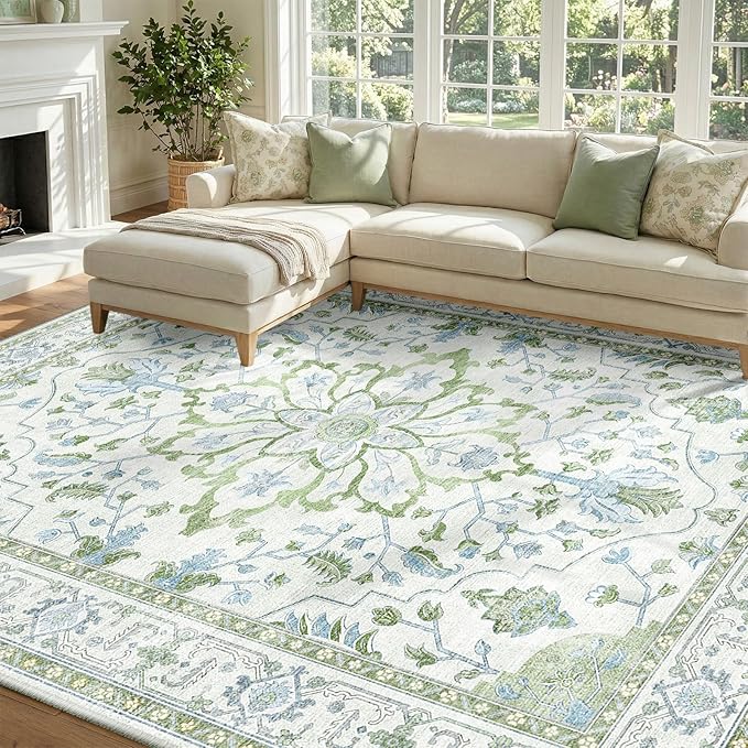 Area Rugs 8'x10' Washable Non-Slip, Floral Vintage Distress Print Pattern Medallion Carpet for Living Room Bedroom Dining Room, Green White Blue