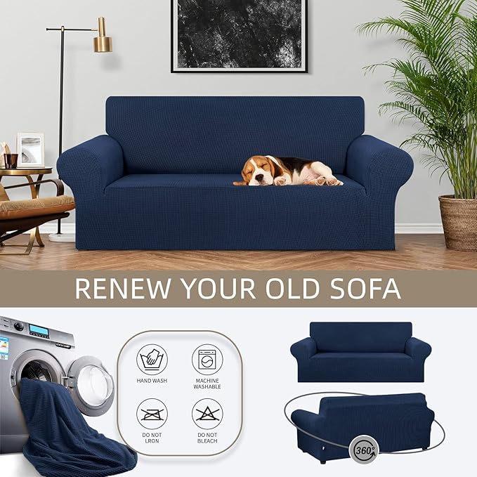 KEKUOU Stretch Loveseat Sofa Cover Slipcover,Couch Covers for 2 Cushion Couch Sofa (55"-78") Furniture Protector Sofa with Elastic Bottom for Kids,Dog. Jacquard Small Checked (Medium,Navy Blue)
