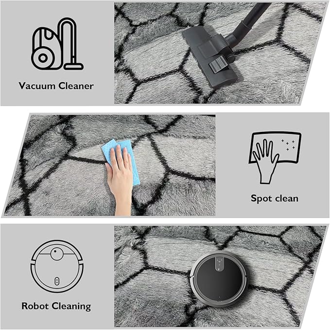 6x9 Fluffy Area Rugs for Living Room,Shag Area Rug for Bedroom,Geometric Soft Fuzzy Rug Non-Shedding Indoor Plush Carpet for Kids Bedroom Nursery Home Decor,Grey and Black
