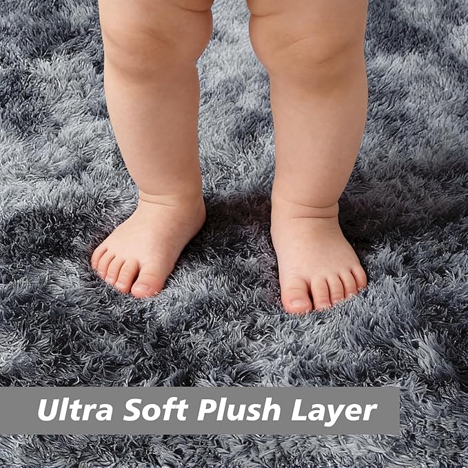 9x12 Fluffy Area Rugs for Living Room,Large Fuzzy Shag Area Rug for Bedroom,Soft Non-Shedding Indoor Plush Carpet for Kids Bedroom Nursery Home Decor,Tie-Dyed Black