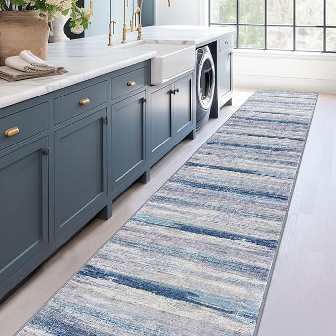 KOZYFLY Modern Abstract Washable Long Rug Runner 2.6x18 Hallway Rug Runner Non-Slip Soft Stair Runners, Blue/Grey/Beige Striped 18 feet Runner Rug for Kitchen Entryway Bathroom Foyer
