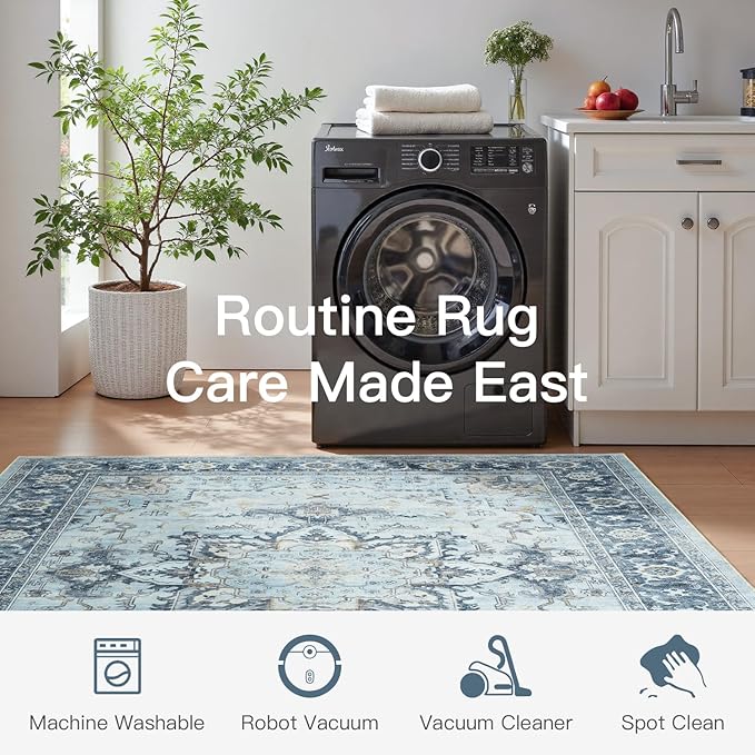 Lofus 3x5 Area Rugs for Entryway, Machine Washable Small Living Room Area Rug, Low Pile Non-Slip Rugs for Bedroom, Kitchen, Home Office, Vintage Oriental Print Rug, Blue Gold