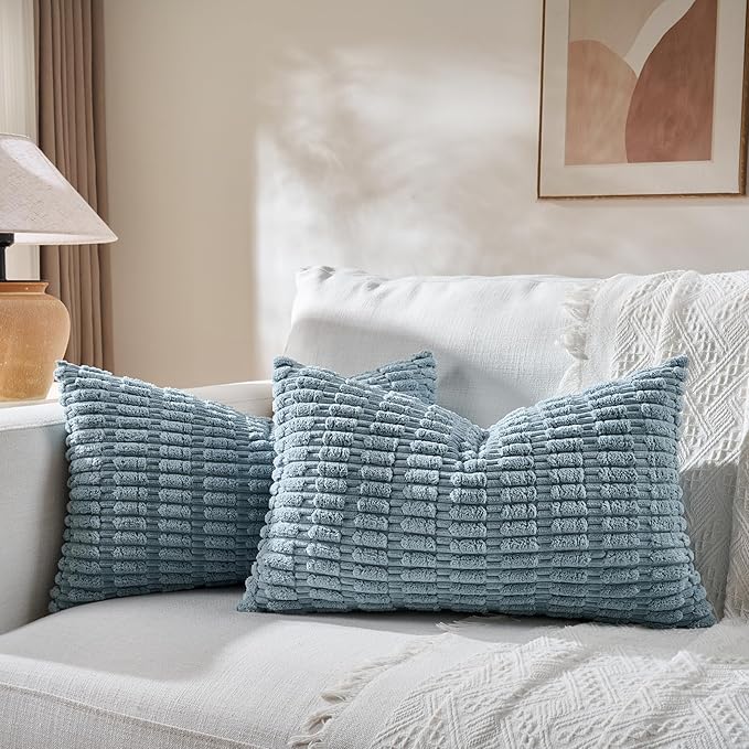 Fancy Homi 4 Packs Boho Light Blue Decorative Throw Pillow Covers 12x24 Inch for Couch Bed Sofa, Rustic Modern Farmhouse Home Decor, Soft Plush Corduroy Cute Rectangle Cushion Case 30x60 cm