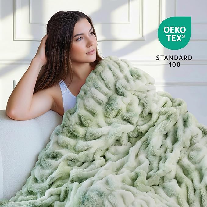 Ultra Soft Cozy Faux Fur Throw Blanket, Fuzzy Plush Thick Bubble Blanket, Oversize Luxury Fluffy Blanket for Couch, Sofa, Bedroom, and Living Room,50x60 Inches,Double Sided Tie-Dye Sage