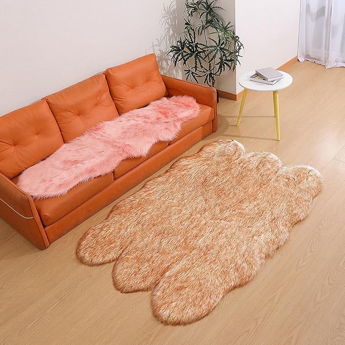 linmopm Faux Fur Rug Sheepskin Shag Fluffy Fuzzy 4x6 ft Rugs for Bedroom Bedside Bed Floor Living Room Plush High-Density Cushion Carpet Super Sofa Cover White and Yellow