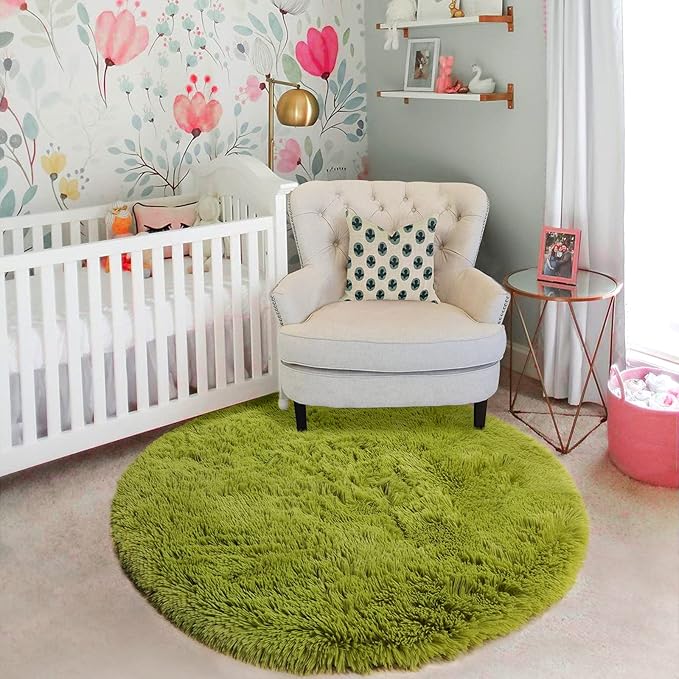 Grass Green Small Round Rug 3Ft for Bedroom, Fluffy Shag Circle Area Rugs for Kids Room Classroom Nursery, Cool Living Room Decor Aesthetic, Cute Fuzzy Moss Floor Circular Carpet for Preppy Dorm