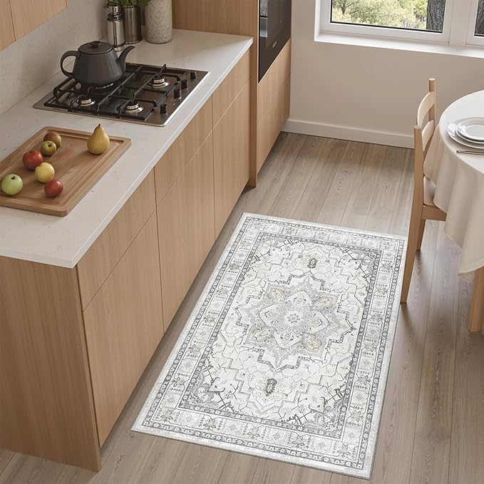 Madane Washable Area Rug 2x3, Small Entryway Rug Non-Slip Vintage Door Mat Indoor Entrance, Low Pile Floor Carpet for Inside Front Door Bedroom Kitchen Entry Laundry (2'x3', Grey)