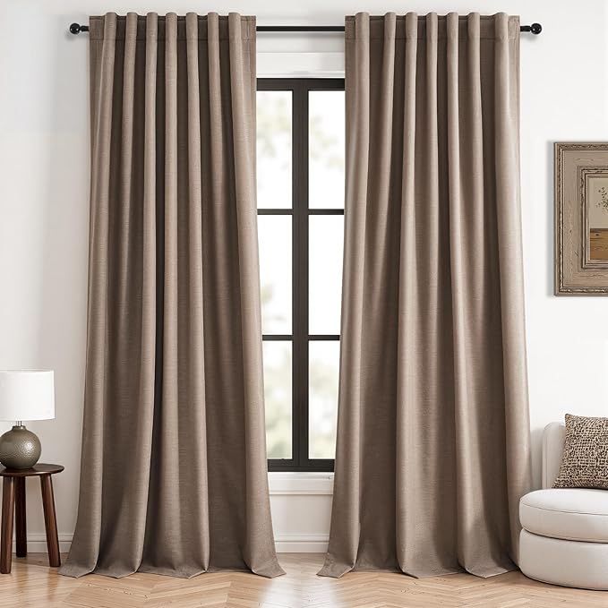 Topfinel 95 inch Bedroom Curtains 2 Panels 100% Blackout Linen Texture Curtain Taupe Vintage Farmhouse Window Drapes with Back Tab Rod Pocket Light Blocking Thermal Insulated Curtains 95 inches Long