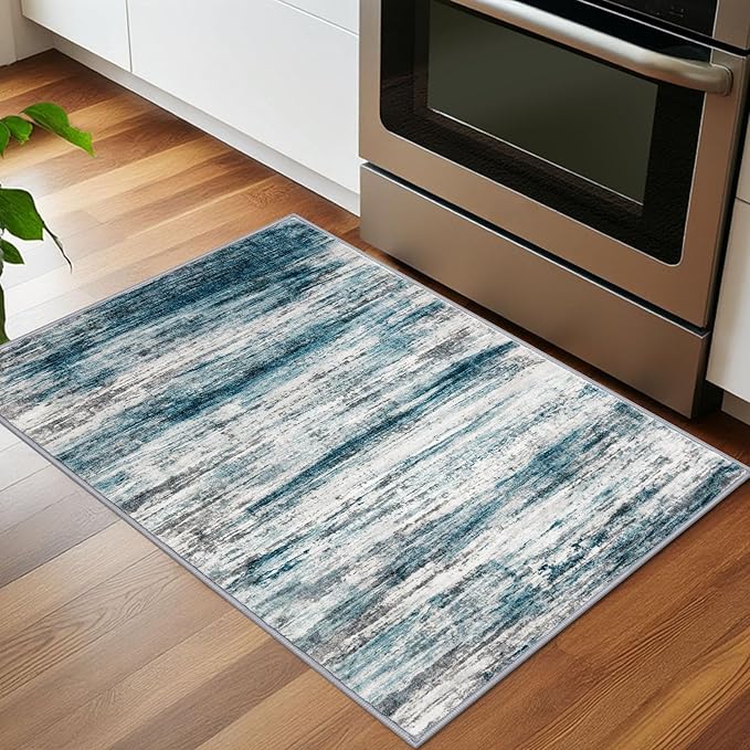 KOZYFLY Modern Abstract Small Area Rugs 2x3, Washable Kitchen Rug Non-Slip Soft Small Bathroom Rug, Blue Striped Entryway Rugs Print Faux Wool Doormat for Bedside Entrance Bedroom Sink