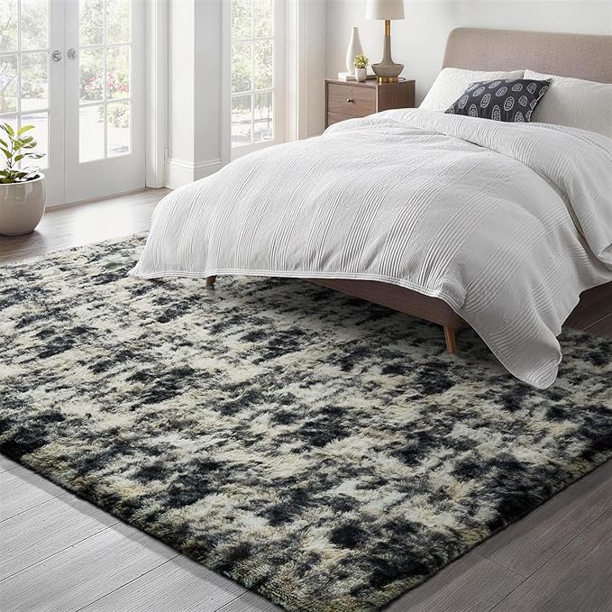 Ophanie Black Gold and Grey Area Rugs for Living Room 5x7, Fluffy Shag Large Fuzzy Plush Soft Carpets, Floor Shaggy Rugs for Bedroom, Carpet for Kids Boys Girls Dorm Nursery Home Decor Aesthetic