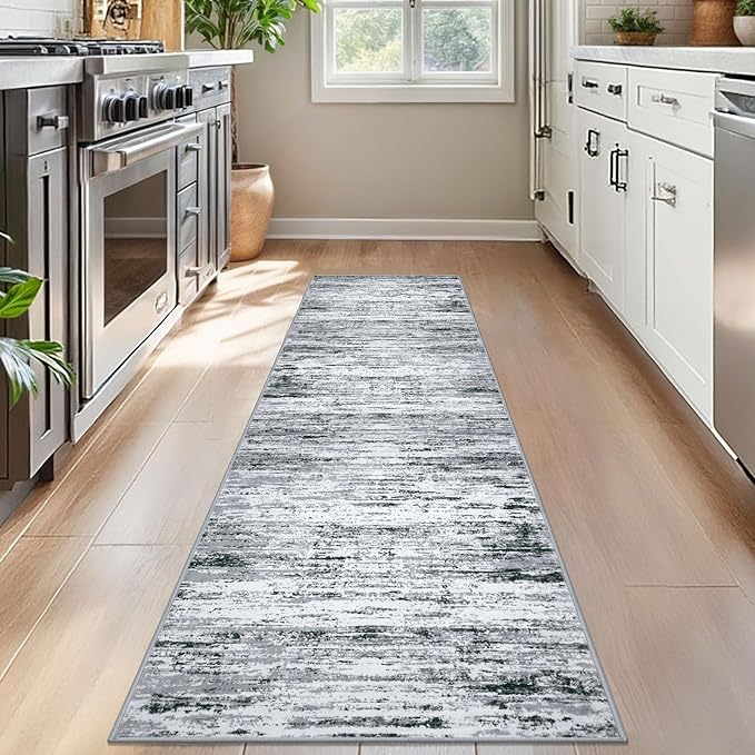 Lansny Modern Abstract Bedroom Runner Rug 2x7, Black Grey White Washable Kitchen Runner, Non-Slip Soft Thin Faux Wool Mat for Entryway, Hallway, Laundry Room, Indoor Home Decor