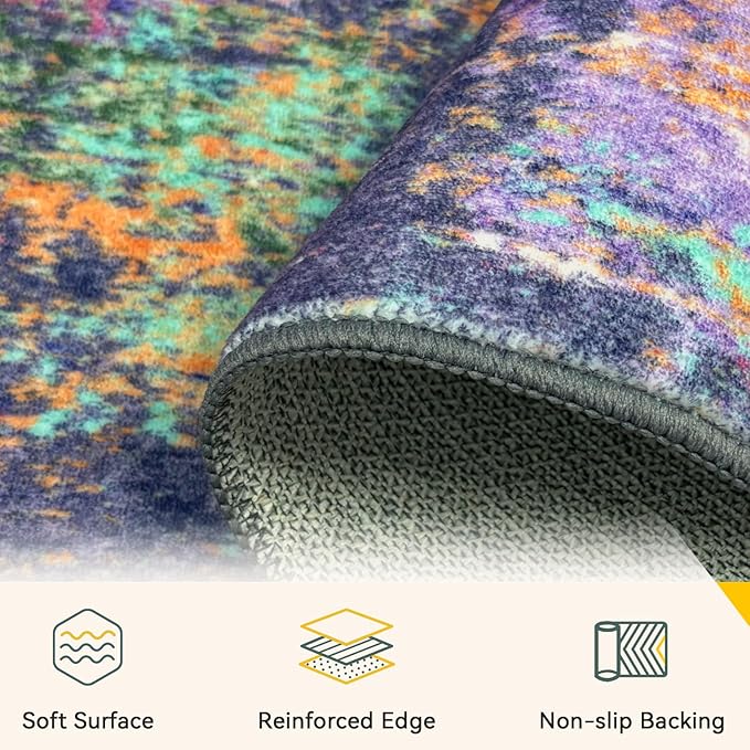 Washable Area Rugs 2'x3' Non-Slip Modern Abstract Soft for Living Room Entryway Bedroom Nursery, Print Pattern, Purple Orange Blue Green Rust Red Colorful