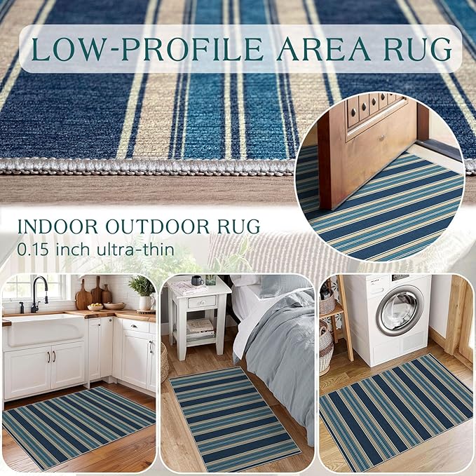 Front Door Mat Outside Entrance - 2x3 Striped Non-Slip Washable Welcome Doormat Indoor Outdoor Entrance Navy Blue Coastal Rug Small Throw Rugs for Entryway Bedroom Kitchen Front Porch Decor