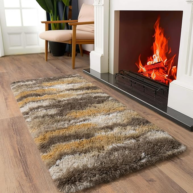Soft Runner Rugs for Bedroom Hallways, 2x4 Abstract Brown Fluffy Shag Throw Area Rug Non Slip for Bedside Dorm, Long Shaggy Furry Carpet for Nursery Living Room