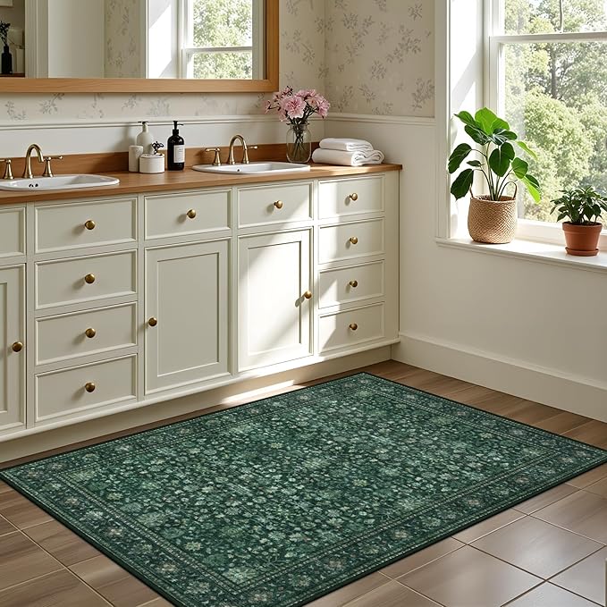 2x3 Area Rugs Living Room Rug: Washable Vintage Distressed Floral Rug No Slip Stain Resistant Soft Carpet Indoor Large Carpets for Bedroom Dining Room Farmhouse Nursery Hallway Home Office Deep Green