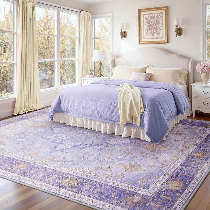 Area Rugs 8'x10' Washable Non-Slip, Floral Vintage Distress Print Pattern Medallion Carpet for Living Room Bedroom Dining Room, Light Purple Brown