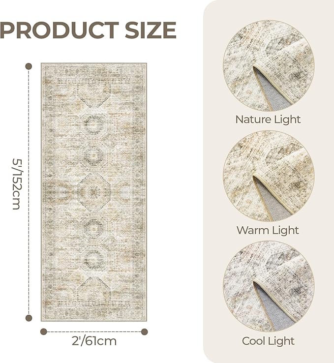 2x5 Rug Runner Washable for Entryway, Soft Bathroom Rugs with Non-Slip Backing, Abstract Low Pile Hallway Runner, Vintage Small Kitchen Carpet for Stair, Laundry Room(2'x5', Grey/Yellow)