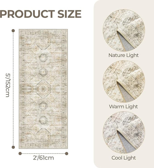 2x5 Rug Runner Washable for Entryway, Soft Bathroom Rugs with Non-Slip Backing, Abstract Low Pile Hallway Runner, Vintage Small Kitchen Carpet for Stair, Laundry Room(2'x5', Grey/Yellow)