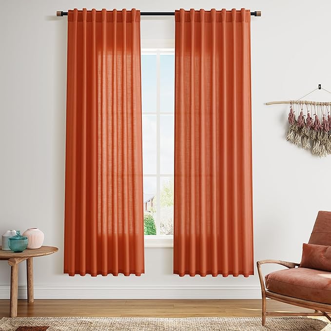 Bright Orange Linen Curtains 72 Inch Long for Living Room Bedroom Lightweight Door Drapes 2 Panels Set, Semi Sheer Light Filtering Back Tab or Rod Pocket Curtain,52x72