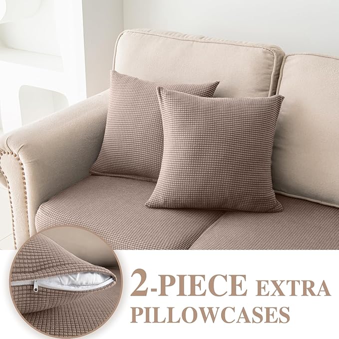 Couch Cushion Covers for Sectional Sofa L Shape Washable Separate Seat Chaise Couch Cover Stretch Sofa Slipcovers with 2 Pcs Pillowcases(3 Seater + 1 Chaise, Khaki)